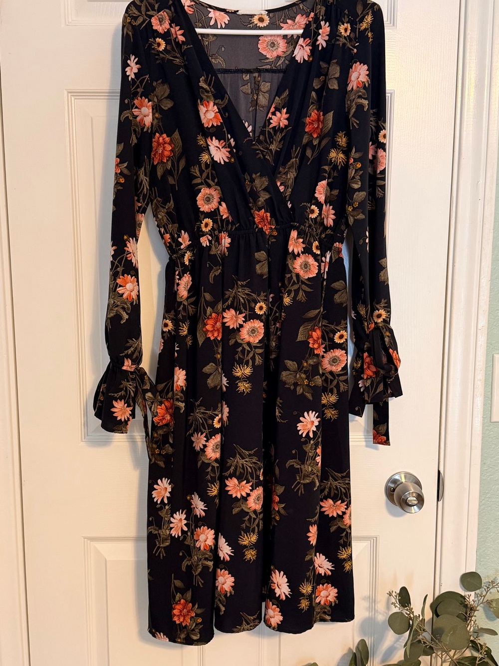 Soprano Black Midi Dress with Pink & Coral Floral Pattern